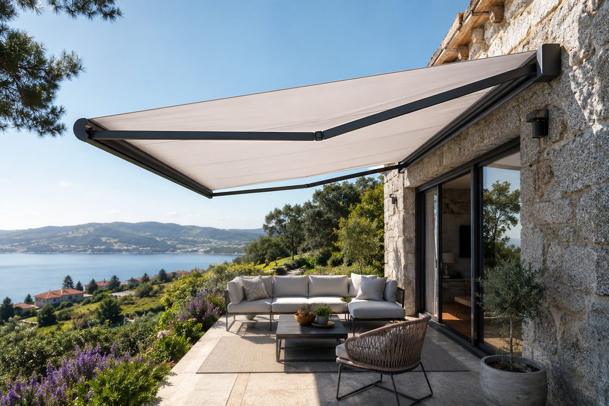 Toldo extensible en casa de piedra con jardín
