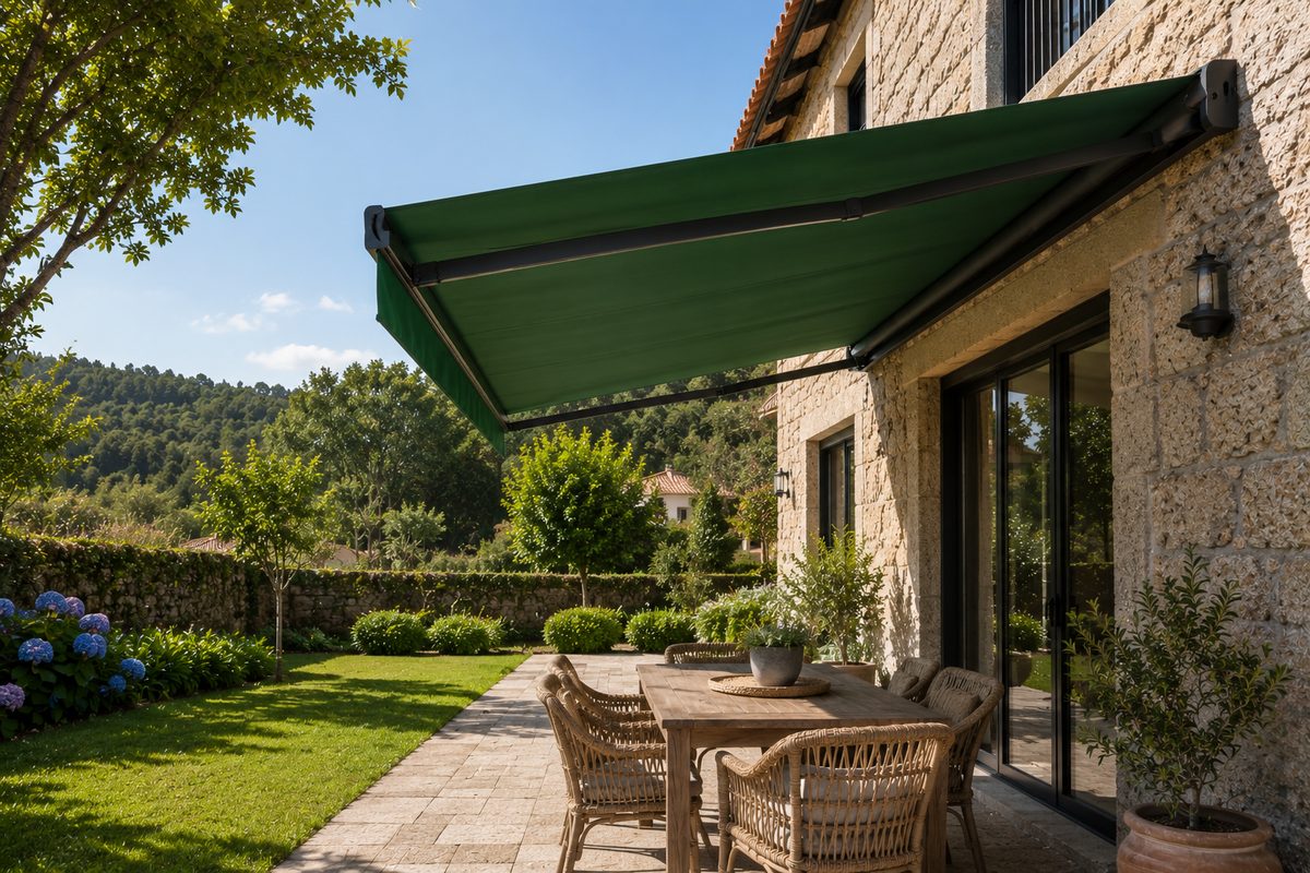 Toldo verde sobre terraza de piedra en Galicia