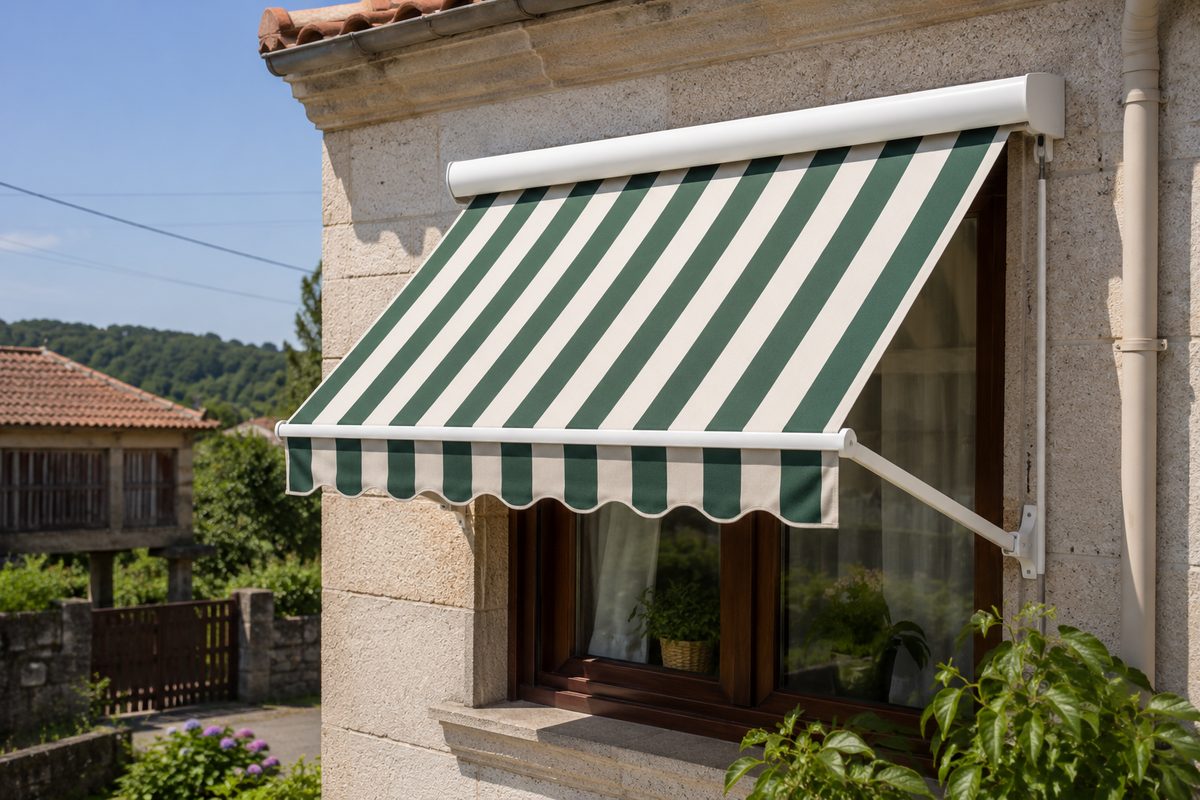 Toldo de ventana a rayas verde y blanco