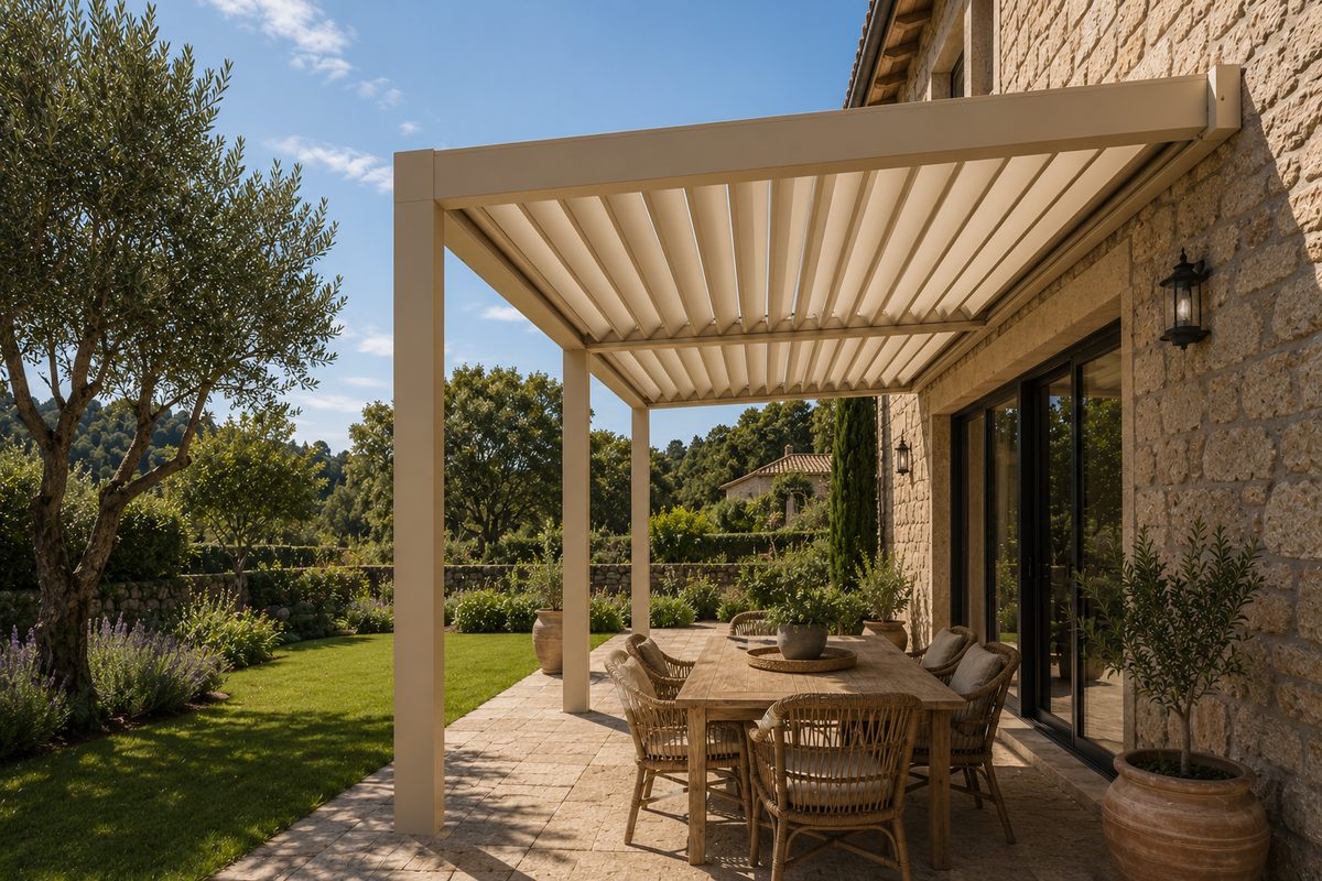 Pérgola bioclimática de aluminio sobre terraza