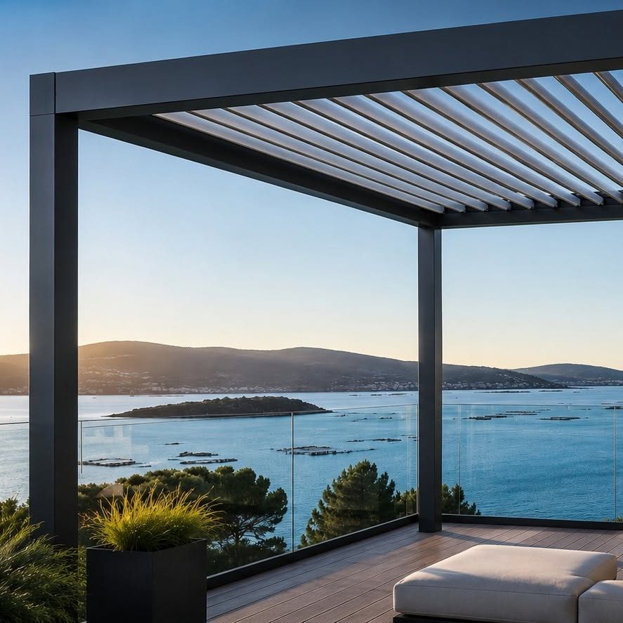 Pérgola bioclimática moderna con vistas a la ría