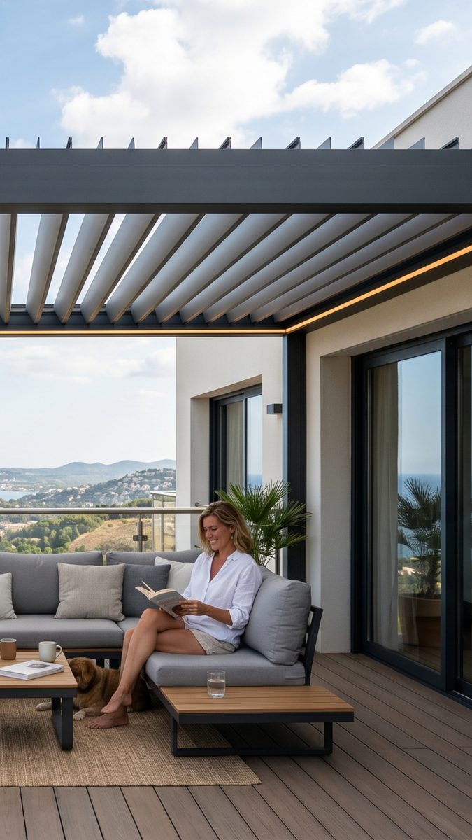 Pérgola bioclimática con zona de estar exterior